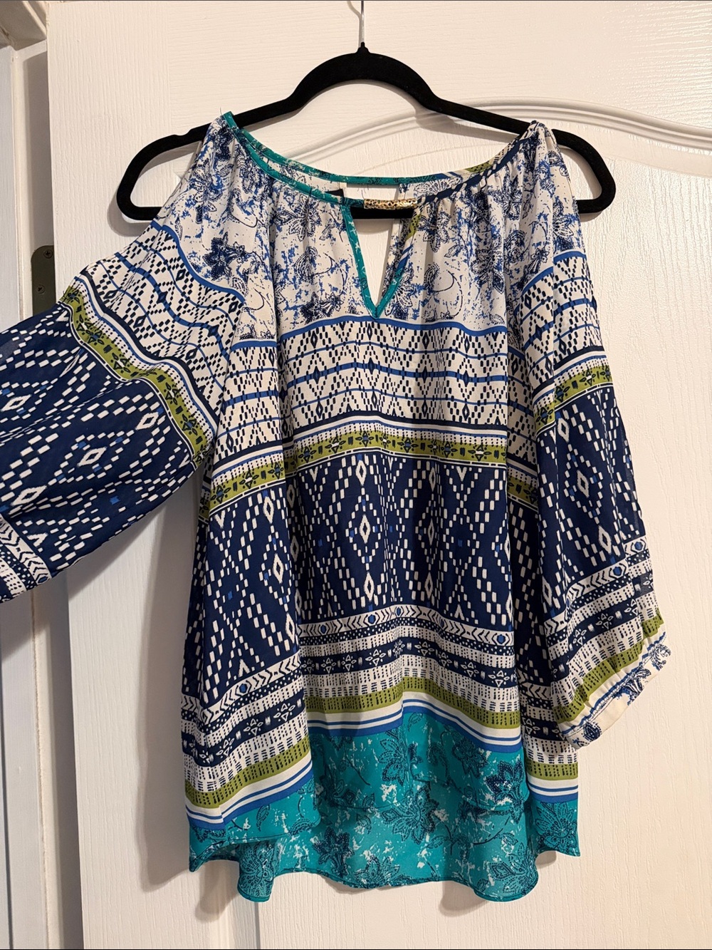 Boho Print Off-Shoulder Blouse in Navy, White & Teal